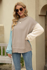 Fashion Contrasting Colors Pullover Crew Neck Long Sleeve Loose Wholesale Sweater