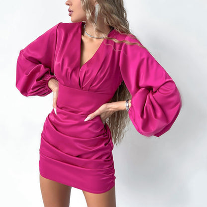 Sexy V-Neck Slim Long-Sleeve Bag Hip Satin Dress Wholesale Dresses