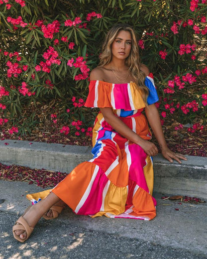 Off Shoulder Color Block Ruffle Hem Wholesale Maxi Dresses