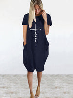 Print Short Sleeve Round Neck Midi Casual Loose T Shirt Dress Wholesale