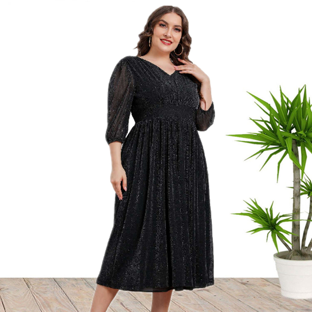 Casual High Waist V-Neck A-Line Midi Dress Wholesale Plus Size Clothing