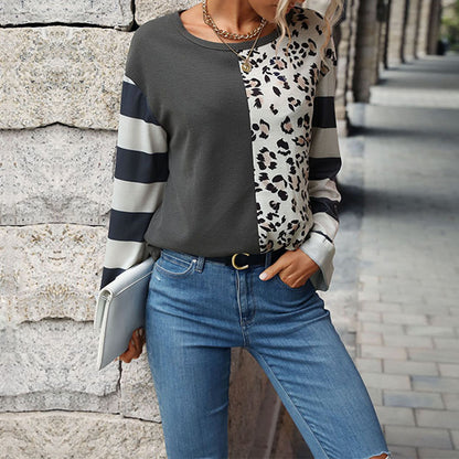 Casual Splicing Striped Crew Neck Tops Wholesale Womens Long Sleeve T Shirts