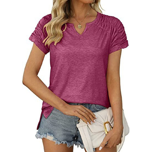 Fashion Solid Color V-Neck Short-Sleeved Split T-Shirt Wholesale Womens Tops