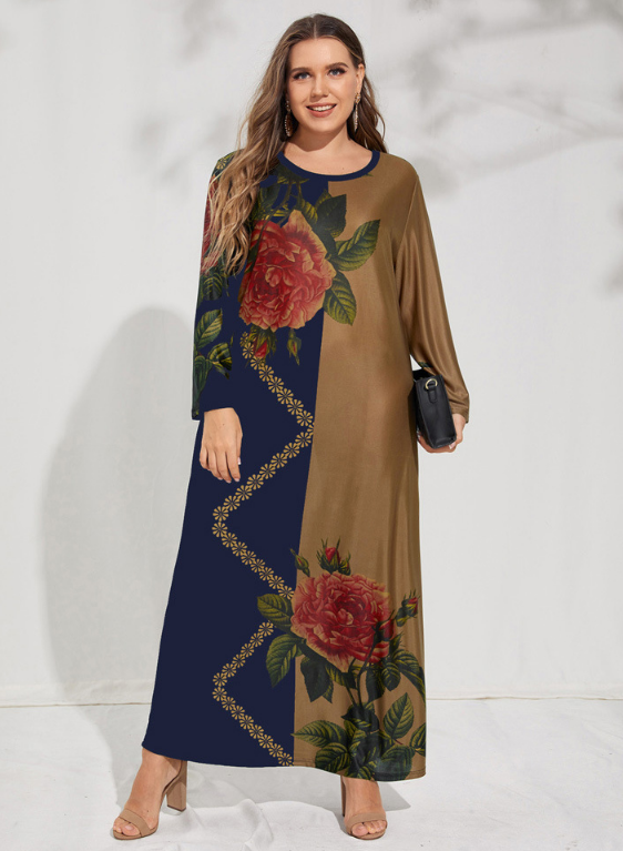 Retro Color Matching Print Maxi Dress Loose Long Sleeve Plus Size Wholesale Dresses