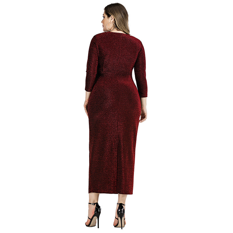V Neck Evening Slit Mid-Length Curvy Dresses Wholesale Plus Size Clothing