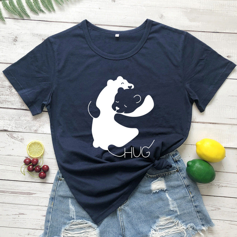 Hug Bear Print Short Sleeve Round Neck Womens Tops Casual Wholesale T-Shirts