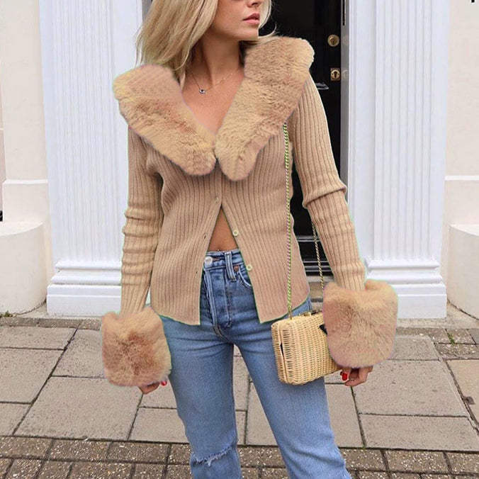 Solid Color Fur Collar Long Sleeve Single Breasted Knit Jacket Wholesale Coats