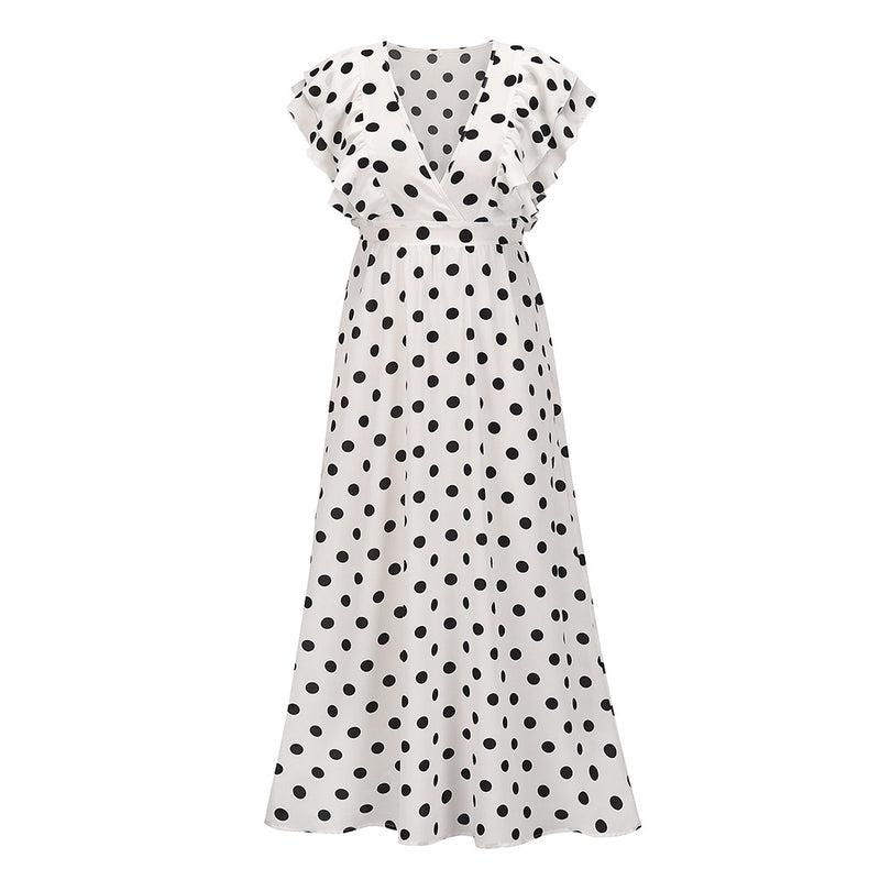 Deep V Polka Dot Print Nipped Waist Vintage Vacation Dress Ruffles Wholesale Maxi Dresses