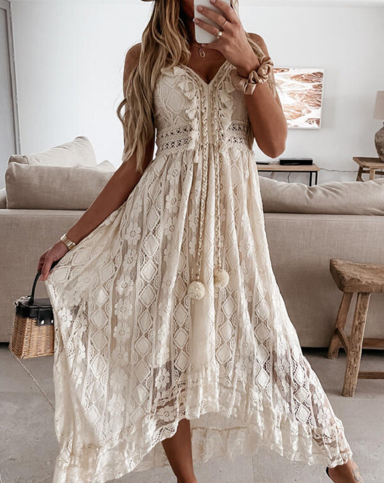 Solid Color Lace Fringe Irregular Hem Wide Swing Slip Maxi Dresses Wholesale Bohemian Dress For Women