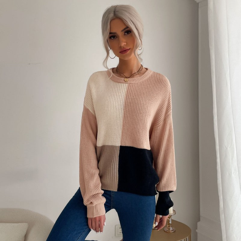 Color Blocking Color Blocking Knitted Pullover Wholesale Women Clothing