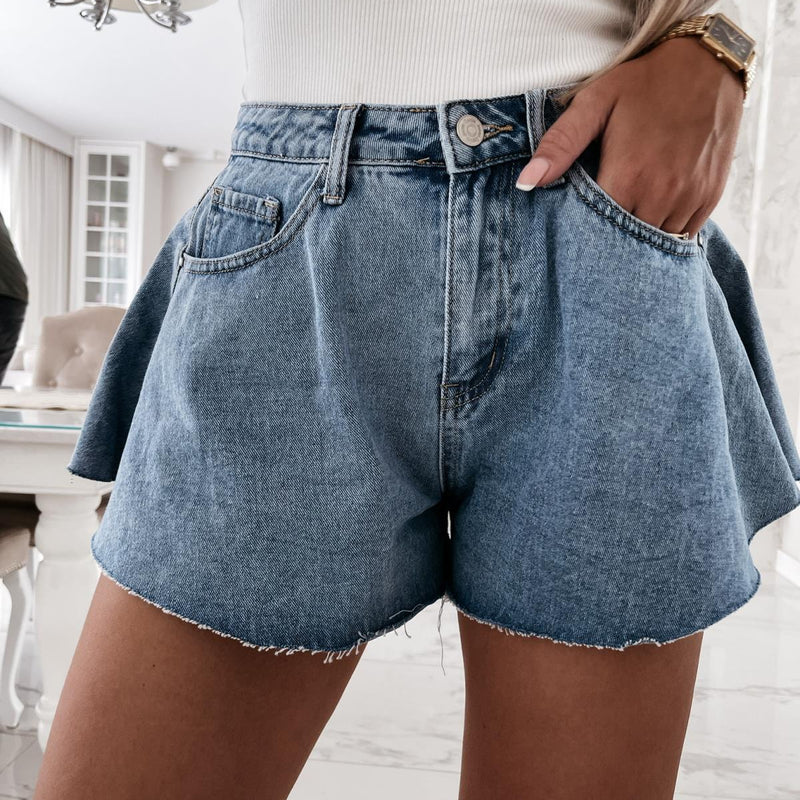 Fashion High Waist Denim Shorts Wide Legs Solid Color Short Pants Wholesale Clothing For Women