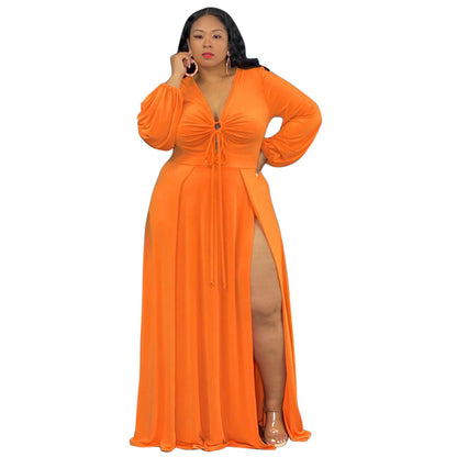 Slit Cutout Lace-Up Sexy Solid Color Women Curvy Maxi Dresses Wholesale Plus Size Clothing