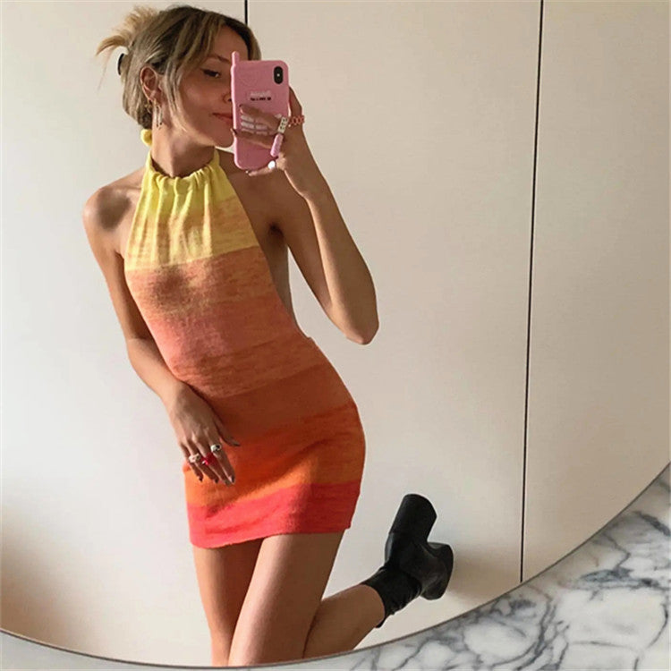 Halterneck Gradient Sunset Print Open Back Sling Pack Hip Knit Bodycon Dress Sexy Wholesale Jersey Dresses