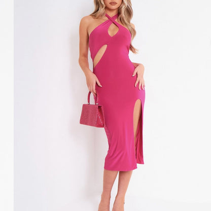 Sexy Cross Halter Midi Dress Hollow Out Bodycon Solid Color Backless Side Slit Wholesale Dresses