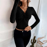 Sexy Long-Sleeved V-Neck Solid Color Knitted Wholesale Crop Tops