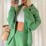 Casual Sportswear Solid Color Loose Zipper Hooded Sweatshirt Suit Wholesale Women Clothing