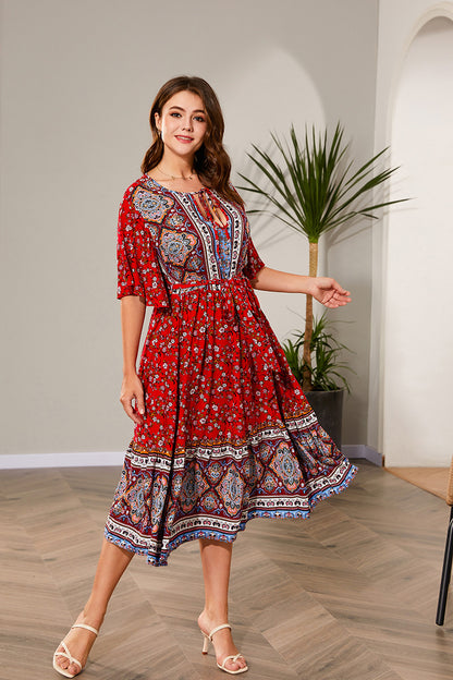 Wholesale Plus Size Women Clothing Ethnic Style Floral Bat Sleeve Slim Midi Dress Wholesale Dresses