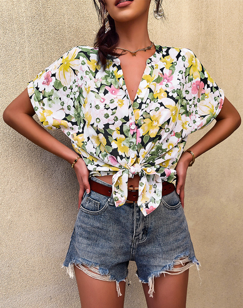 Casual Floral V Neck Tops Single-Breasted Short Sleeve Resort Loose Womens T Shirts Wholesale