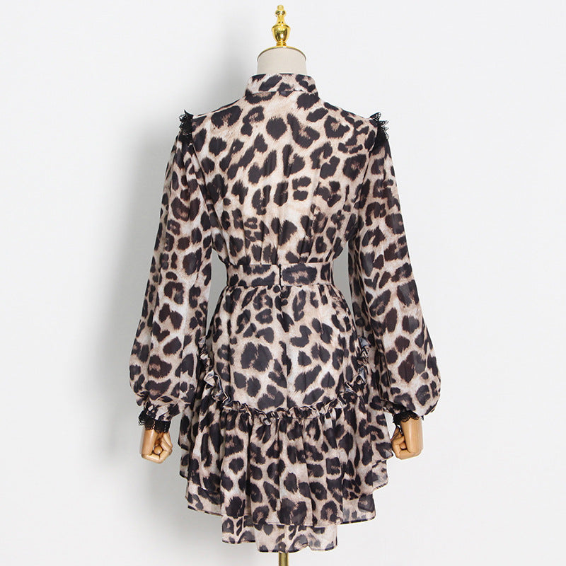 Leopard Print Lantern Sleeve Chiffon Lace Stiching Shirts & High Waist Ruffles Skirts Fashion Wholesale Womens 2 Piece Sets SO531293