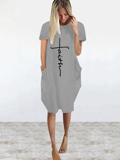 Print Short Sleeve Round Neck Midi Casual Loose T Shirt Dress Wholesale