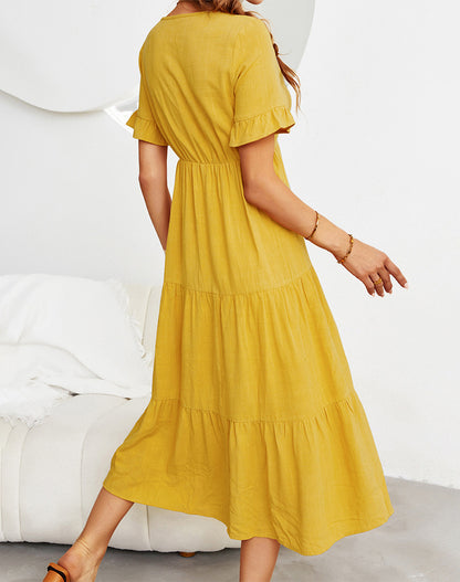 Fashion Loose V-Neck Swing Dress Solid Color Short Sleeve Wholesale Dresses