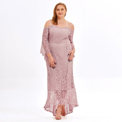 Sexy Suspenders Off-Shoulder Lace Dress Loose Evening Dresses Wholesale Plus Size Clothing