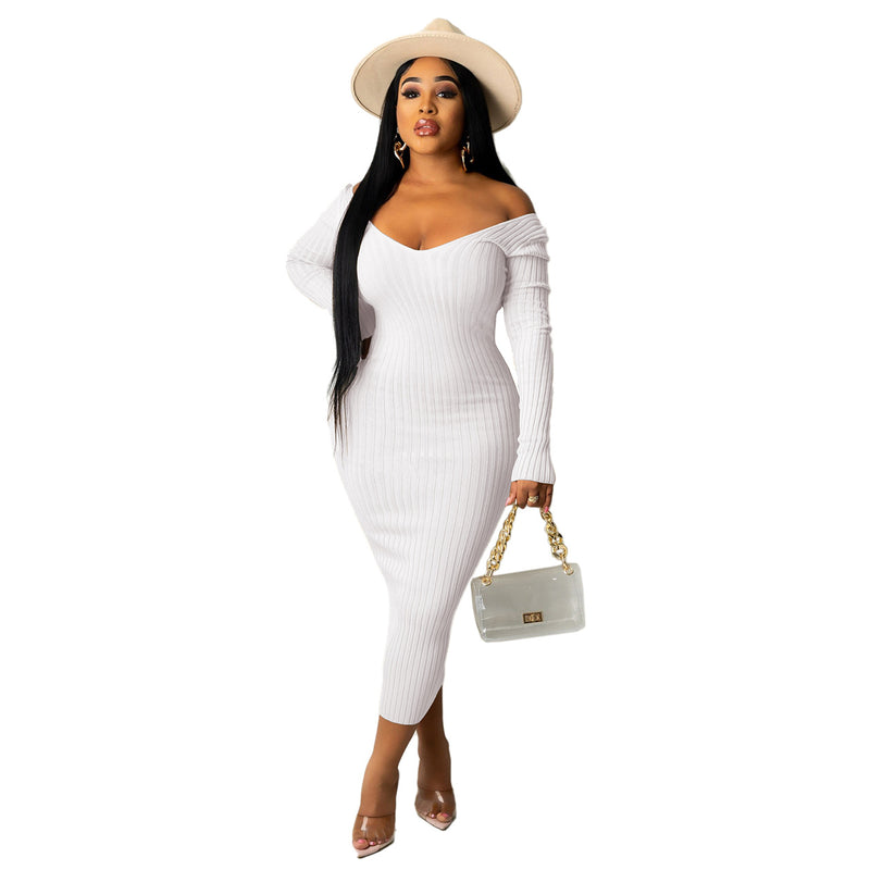 Big V-Neck Solid Ribbed Bodycon Midi Dress