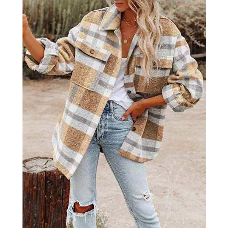 Lapel Loose Plaid Thickened Tweed Jacket Wholesale Women Clothing