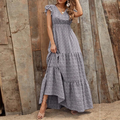 Ruffled Sleeve V Neck High Waist Vacation Smocked Floral Dress Wholesale Maxi Dresses