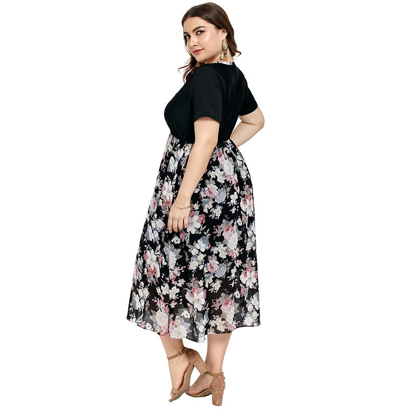 Floral Print V-Neck Short Sleeve Chiffon Mid-Length Casual Curve Dresses Wholesale Plus Size Clothing