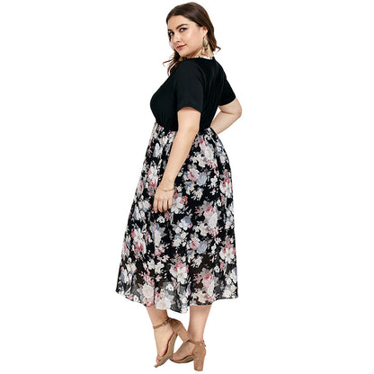 Floral Print V-Neck Short Sleeve Chiffon Mid-Length Casual Curve Dresses Wholesale Plus Size Clothing