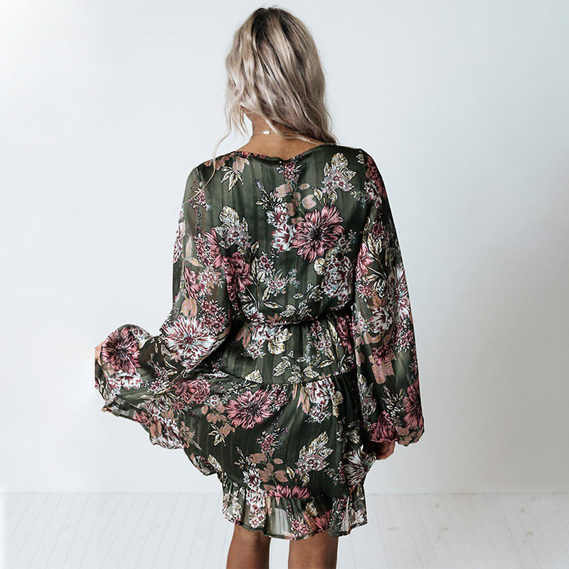 Floral Print Long Sleeve Ruffle Hem Wholesale Midi Dresses