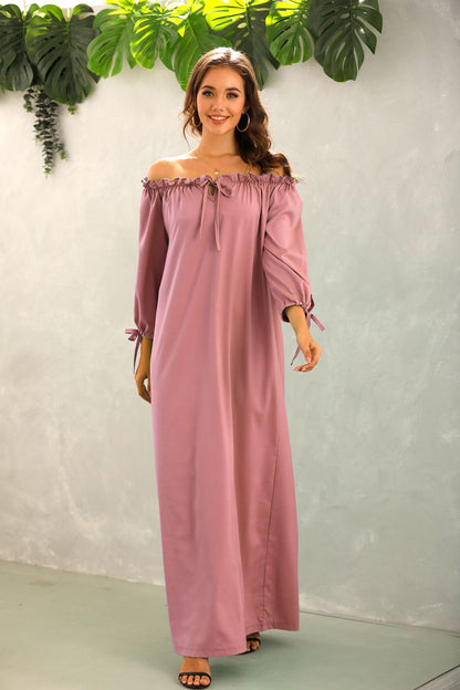 Off Shoulder Solid Color Lantern Sleeve Ruffles Loose Dress Casual Wholesale Maxi Dresses