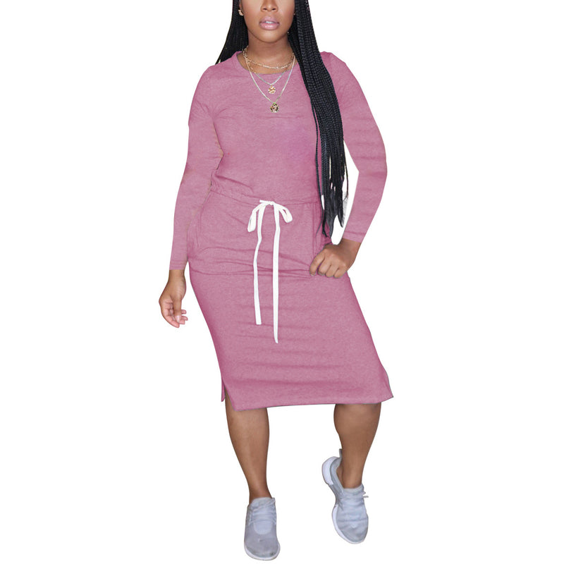 Simple Solid Color Long Sleeve Slit Design Casual Dresses Womens T Shirt Dress Wholesale