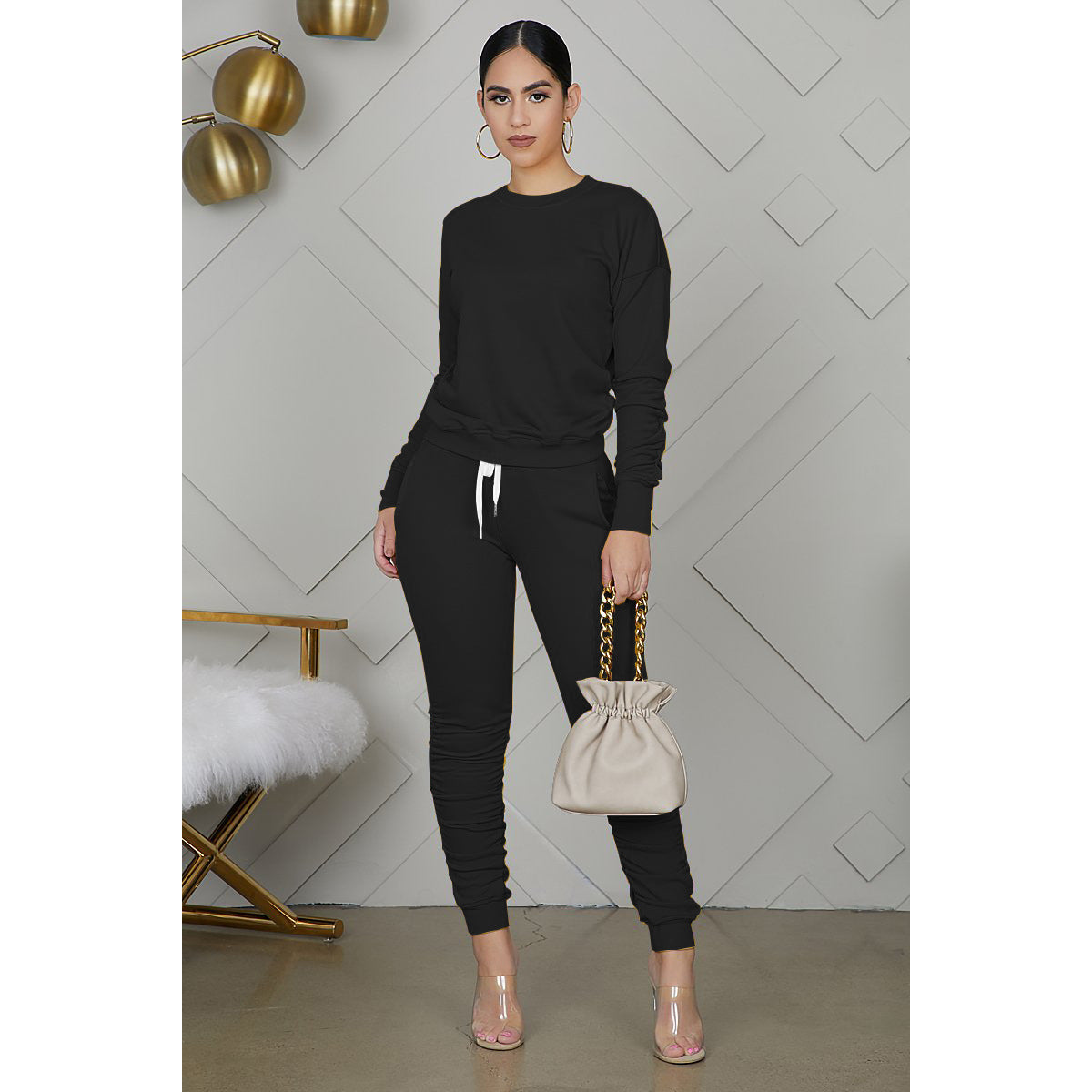 Shirred Solid Color Simple Long-Sleeved Trousers Sports Two-Piece Suit Wholesale Women Clothing