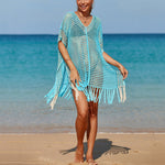 Beach Blouse Colorful Striped Sexy Cutout Deep V Neck Fringe Knitted Bikini Cover Up Wholesale