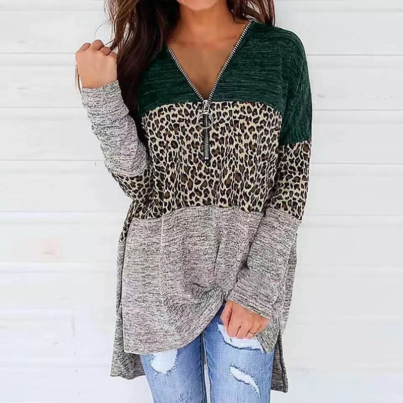 Loose Leopard Print Tops  V-Neck Zipper Wholesale Womens Long Sleeve T Shirts