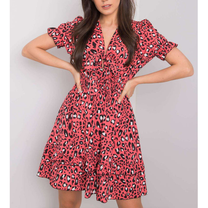 Leopard Print Tieback V Neck Bowknot Puff Sleeve Ruffled Dress Casual Wholesale Dresses