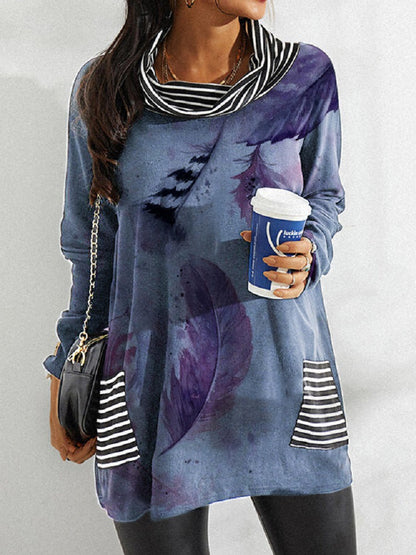 Fashion Print Striped Top Pile Collar Loose Wholesale Womens Long Sleeve T Shirts