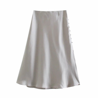 Solid Color High Waist Single Breasted Slit Slim Business Casual Women A-Line Satin Skirts Wholesale