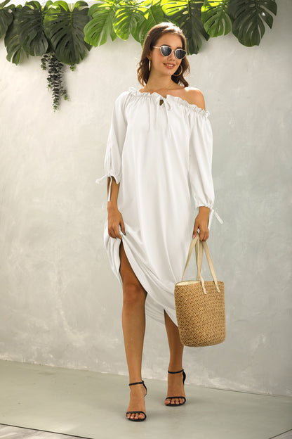 Off Shoulder Solid Color Lantern Sleeve Ruffles Loose Dress Casual Wholesale Maxi Dresses