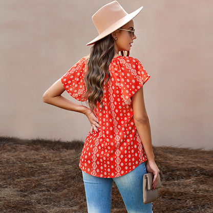 Short Sleeve Floral Print V-Neck Chiffon Womens Shirts Casual Pullover Tops Boho Wholesale Vendors