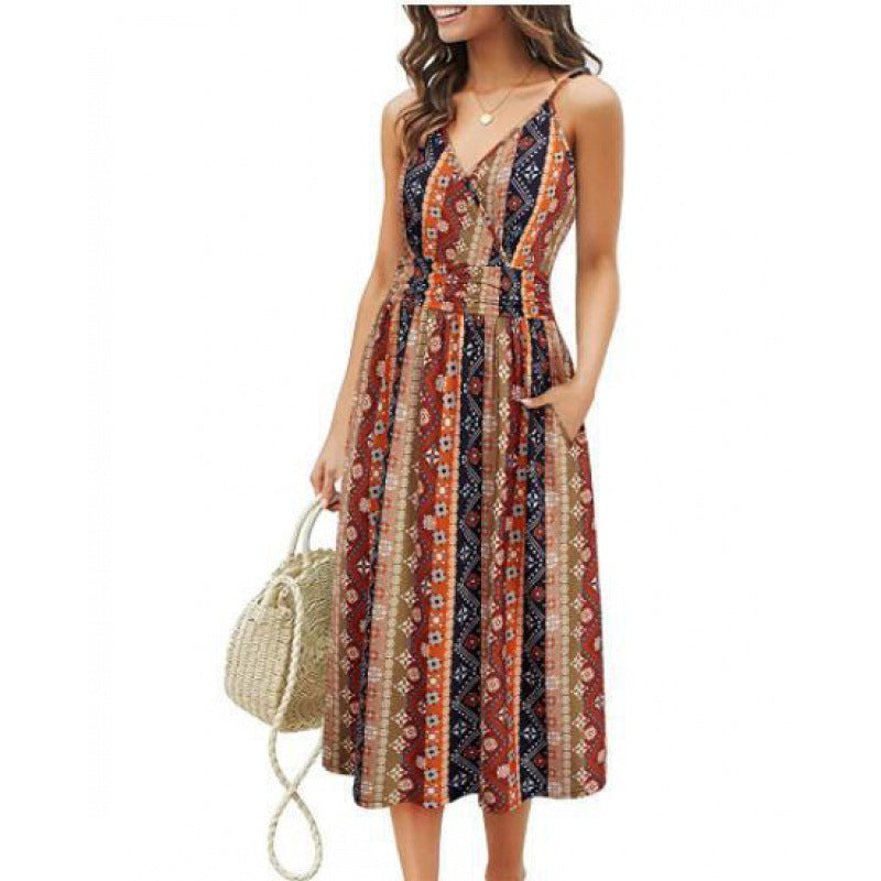 V Neck Trendy Printed Sundresses Sling Swing Dress Beach Vacation Wholesale Dresses