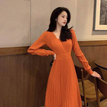 Solid Color V Neck Button Design Wholesale Jersey Dresses Mid Length Sweater Dress Elegant