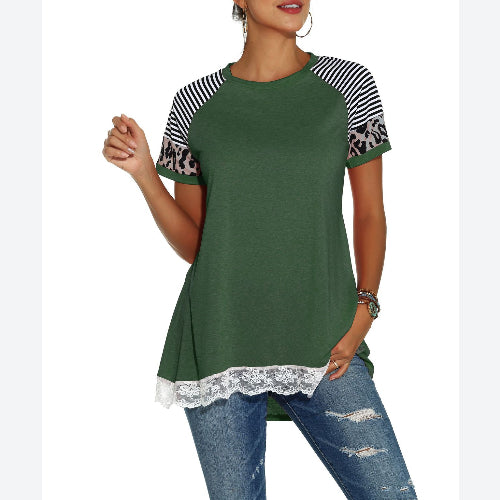 Lace Trim Leopard Print Patchwork Wholesale T-shirt Blouses Casual Tunic Tops