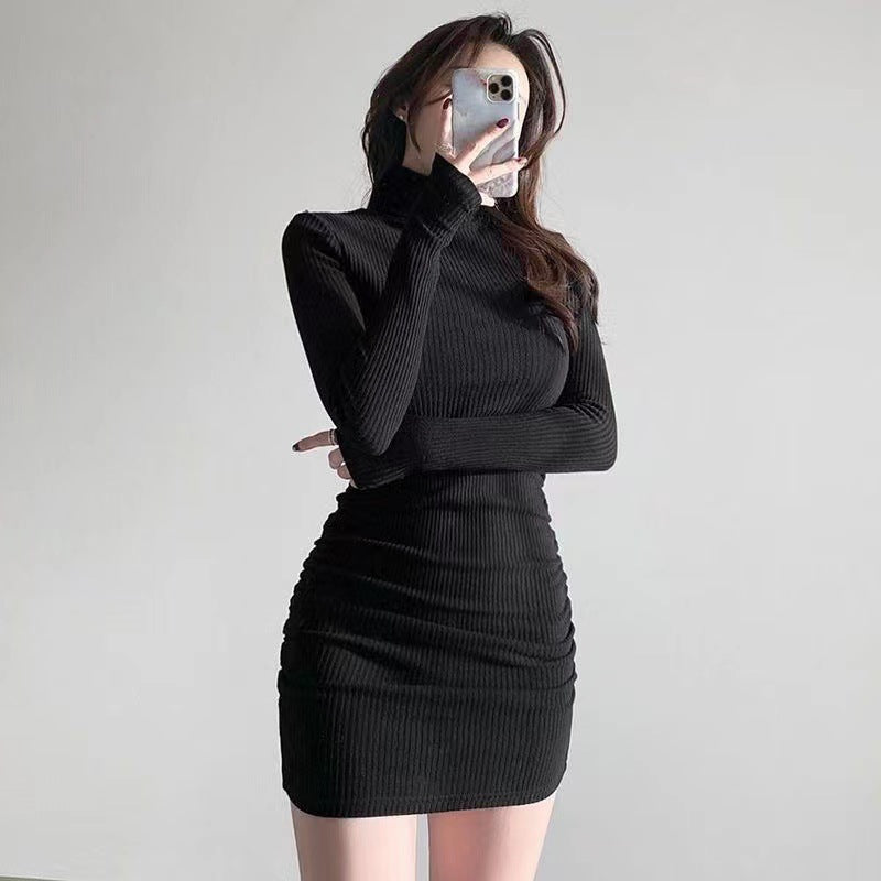 Long-Sleeved Turtleneck Skinny Pleated Sexy Mini Dress Wholesale Dresses
