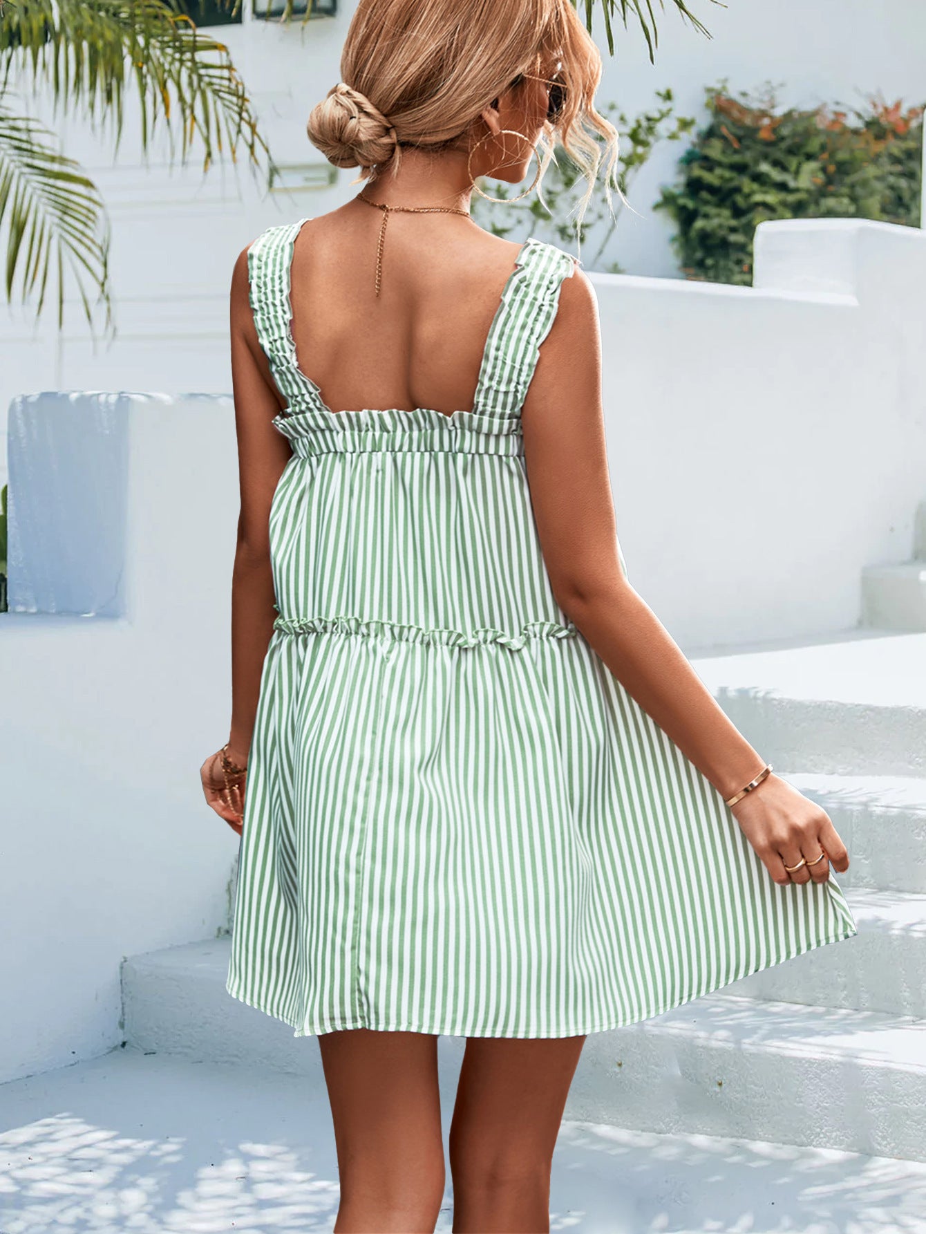 Striped Ruffle Drawstring Slip Dress Wholesale Dresses