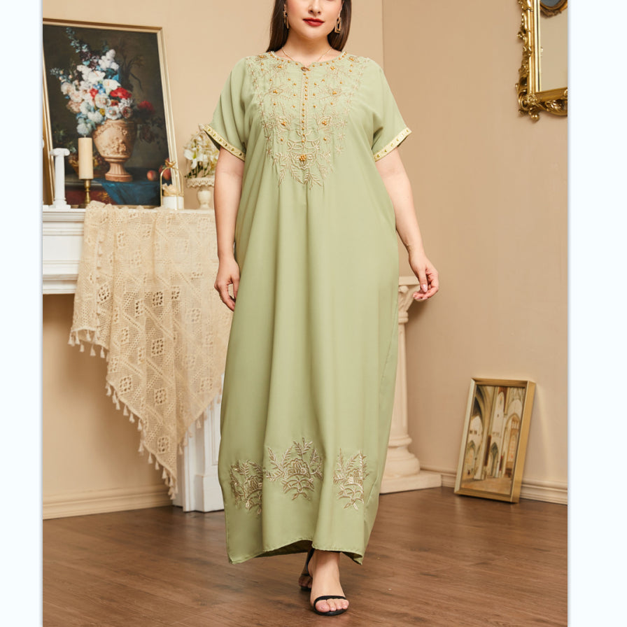 Embroidered Beaded Short-Sleeved Maxi Dresses Wholesale Plus Size Clothing