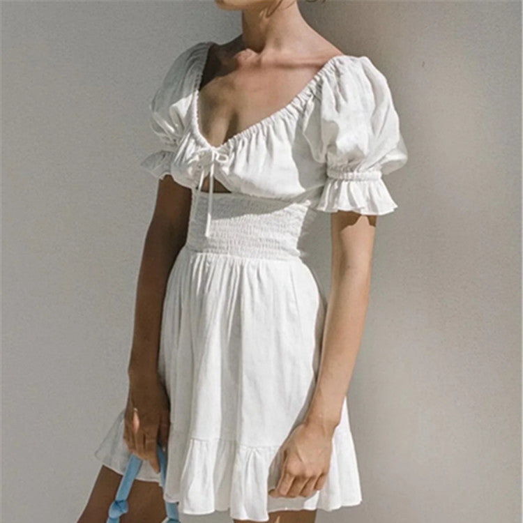 White Puff Sleeve Plunge Neck Waist A-Line Hollow Cotton & Linen Ruffled Dress Resort Wholesale Dresses