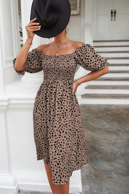 Dot Print Wide Neck Puff Sleeve High Waist Midi Dress Casual Wholesale Dresses